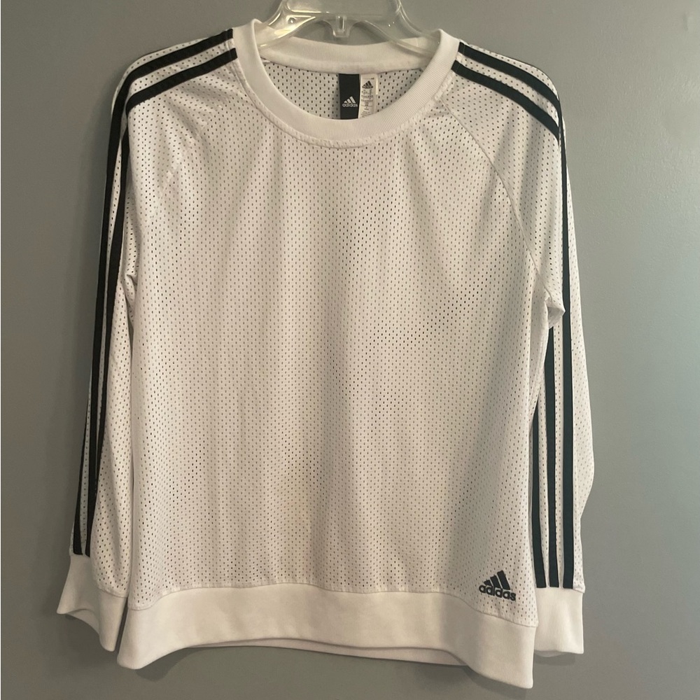 Adidas Women's White Mesh Jersey Athletic Top with Black Stripes Long Sleeve - Picture 4 of 10
